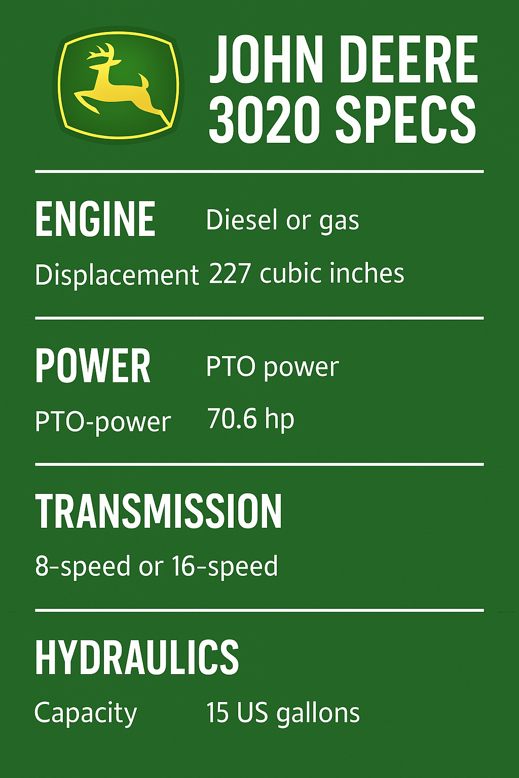 John Deere 3020 Specs